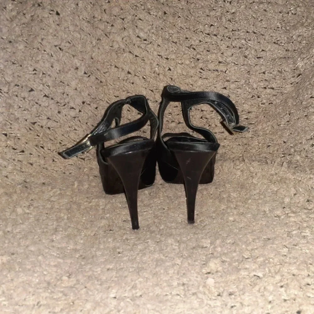 FENDI-Black Satin Peep Toe Platform Slingback Sandals-Sz 37.5-Excellent - Picture 5 of 8